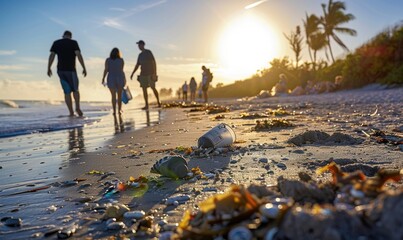 Earth Day beach cleanup, beach littered with plastic bottles and garbage, ecological problems