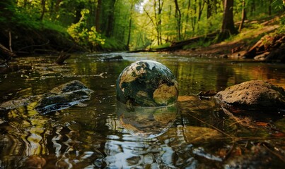 Wall Mural - Earth globe partially immersed in the calm waters of a forest stream