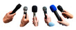 Diverse hands png holding speech microphones sticker, transparent background