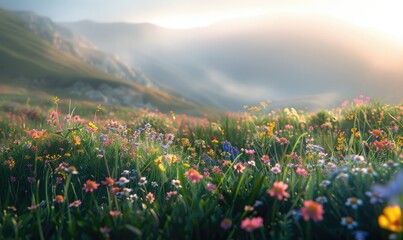 Soft morning light in valley, wildflowers closeup view