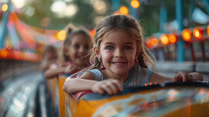 Canvas Print - Youngsters visiting an amusement park or carnival, riding roller coasters and playing games on Children's Dayillustration