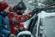 Man fastening skis on car with kids watching in snow. generative ai