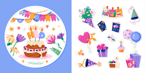 Poster - Hand drawn Birthday stickers illustration and icons set