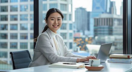 Wall Mural - Asian woman, portrait and designer in office with laptop for ui design for creative company or agency and happy for career. Girl and digital technology for prototyping, wireframing and interface work