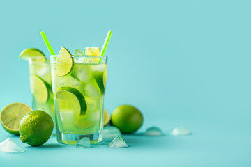 Wall Mural - Refreshing caipirinha cocktail with lime and mint on a vibrant blue background