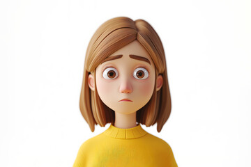 Wall Mural - Sad stressed upset cartoon character young woman person portrait with light brown hair in 3d style design on light background. Human people feelings expression concept