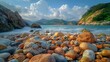 contrast of rocks on the beach against a backdrop of vibrant green vegetation, their earthy tones and organic shapes captured in stunning 8k full ultra HD detail.