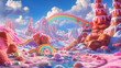 A candy land landscape with creamy muffin mountains sugar river and bright rainbow bridge in fluffy clouds. Sweet wonderland kid child fantasy concept
