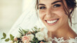 Portrait of beautiful bride smiling and holding bouquet, close up shot