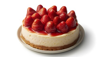 Wall Mural - A classic New York cheesecake topped with fresh strawberries, centered on a clean white background.