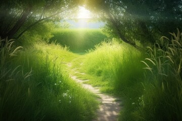 Wall Mural - Path in green grass, sunlight. Nature background.