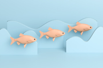 Cartoon style abstract image of three fish between blue waves on blue background. Summer holidays concept.