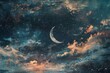 A metallic texture canvas, capturing the ethereal beauty of a crescent moon above a serene space sky, radiating tranquil cosmic energy, 
