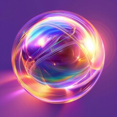 Wall Mural - colorful sphere with iridescent reflections on a purple background, a photo of an object in the center, a circular shape with a bright glow and holographic chromatic waves, a circular lens flare, a ro