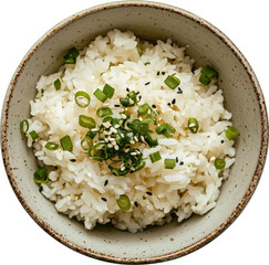 a bowl of steamed rice isolated. top view