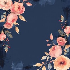 Canvas Print - Dark Floral Border on Navy Background - Elegant floral border featuring pink and cream roses with green leaves on a deep navy background adding a touch of sophistication