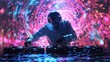 DJ at night disco dance club in neon lights
