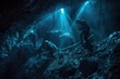 Miners with hardhats exploring expansive underground cave illuminated by artificial light