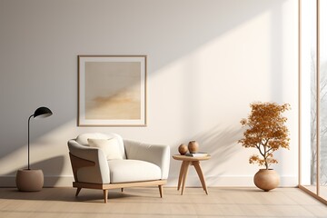 Wall Mural - Interior of modern living room with white walls, wooden floor, beige armchair standing near coffee table and vertical mock up poster frame. 3d rendering