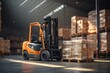 © Creative - Forklift loader in warehouse. Cargo freight transportation and distribution warehouse.