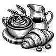 coffee cup with latte art jug of milk, and a fresh croissant, perfect for a morning breakfast theme sketch engraving generative ai PNG illustration. Scratch board imitation. Black and white image.