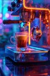 Neon coffee maker brewing espresso