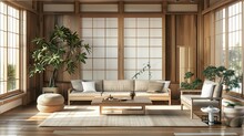 A Japandi-styled Living Room Accentuates Simplicity, Natural Components, And Minimalistic Design Within Its Interior.