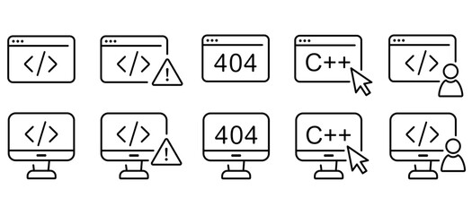Coding, programming, c plus plus and error 404 icons set. Computer with code on screen, desktop with arrow pointer outline symbols.