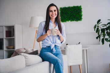 Poster - Photo of nice lady enjoy fresh coffee mug wear blue shirt bright interior flat indoors