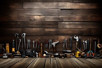 Wall Mural - Variety of tools on wooden background. Top view with copy space