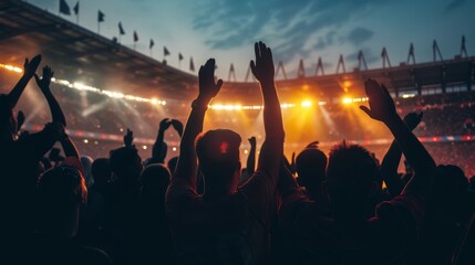 Wall Mural - Enthusiastic crowd at night event with raised hands and stadium lights