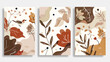 Abstract brown leaves flowers birds faces. Modern des