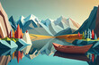 Landscape with a boat on a  lake and mountains in the background. Cubistic / low poly drawing. Generative AI