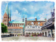 The Market-Place, with St. Mary's Church and the Town Hall in Lubeck, Germany. UNESCO World Heritage Site. Watercolor painting.