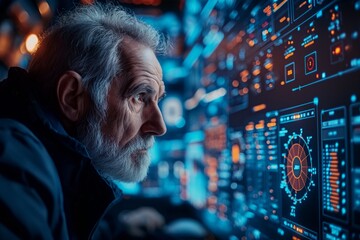 old man coding intently on a computer in the room at home
