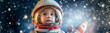Happy cute smiling child in astronaut costume.