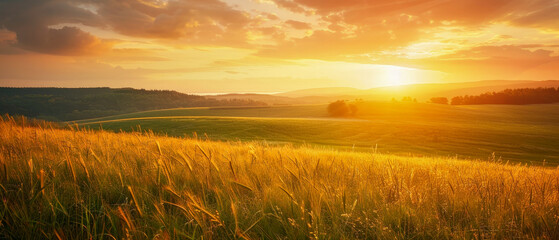 Canvas Print - A field of tall grass with a beautiful orange and pink sunset in the background