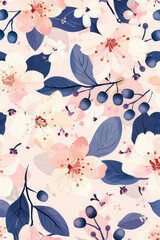 Wall Mural - Vertical Spring flowers on blush background berries leaf floral pattern.