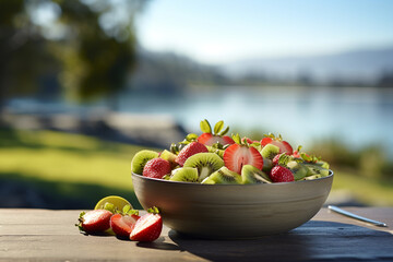 Summer fruit salad with strawberries, kiwi and melon on wooden table