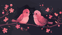 Cute Pink Birds In Love Sitting On Apple Tree Branche
