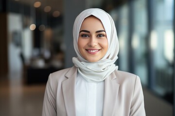 Joyous Muslim smiling businesswoman. Young arabic female. Generate Ai