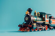 A classic locomotive toy train, isolated on a nostalgic playtime blue background, recalling the joy of childhood wonder