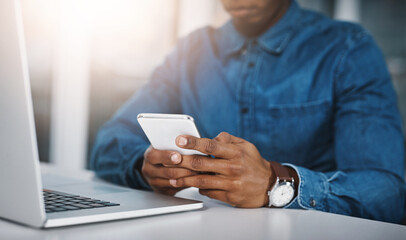 Poster - Office, hands or man with smartphone, laptop or check email for story or online reading for website info. guy, journalist or writer with cellphone or social media with research for article or contact