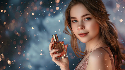 Wall Mural - pretty young woman holding a perfume, girl with perfume, portrait of a pretty young woman