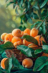 Wall Mural - apricots in a basket in the garden. selective focus.