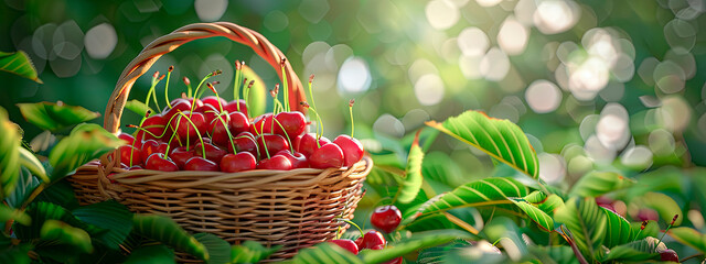 Wall Mural - cherry in a basket in the garden. selective focus.