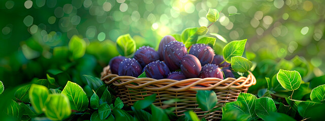 Wall Mural - plum in a basket in the garden. selective focus.