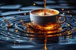 Photo of a white cup of coffee with a brown coffee liquid splash on a black water surface with a bright yellow reflection.