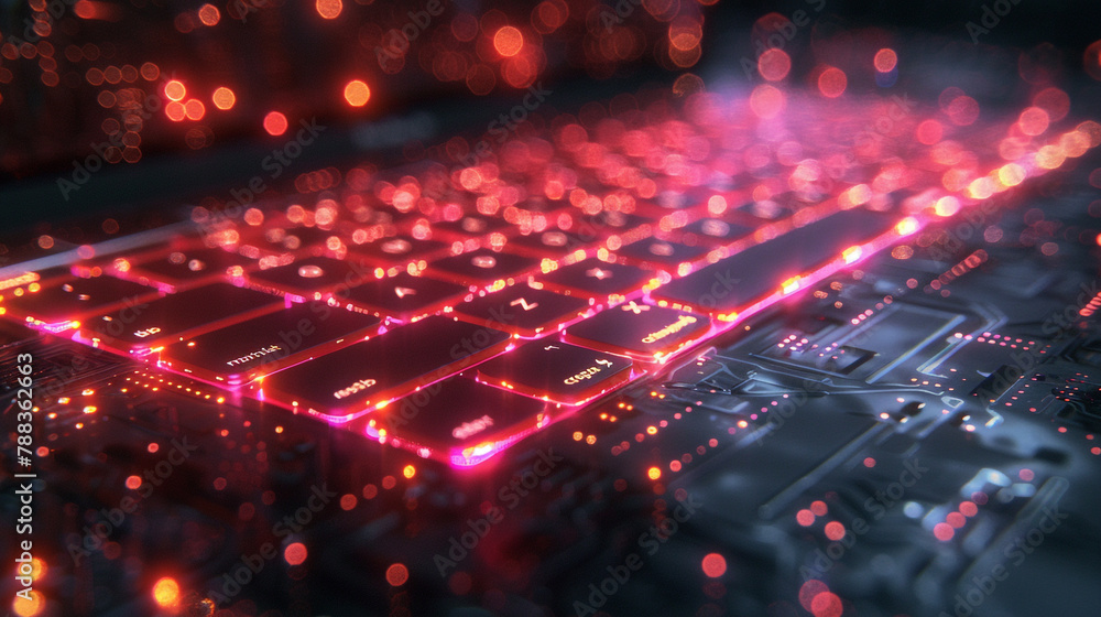 Futuristic illustration about computer technology with a laptop in neon ...