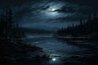 Moonlit Night landscape lake. Scenery reflection. Generate Ai
